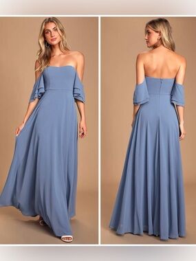 NWT LULUS Abbington Denim Blue Off-the-Shoulder Maxi Dress